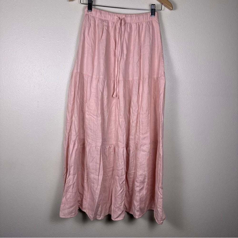 ABERCROMBIE & FITCH Linen Pink Tiered Drawstring Maxi Skirt